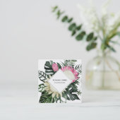 Carte De Visite Carré Monstère tropicale Feuille Aquarelle Protea Flower (Debout devant)