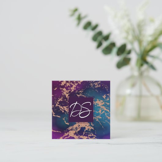 Carte De Visite Carré Moody Luxe Marble | Profond violet et Turquoise mo (Debout devant)