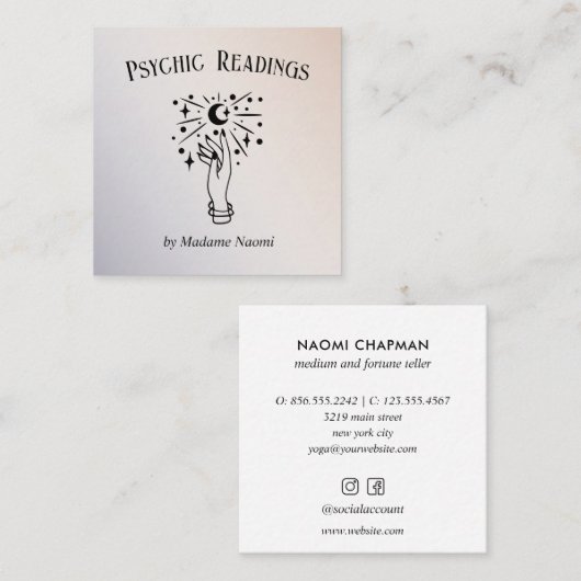 CARTE DE VISITE CARRÉ MOON PSYCHIC PALM LECTURE FORTUNE TELLER LUMINEUX (Devant / Derrière)