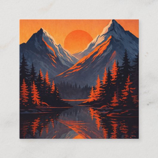 Carte De Visite Carré Mountain Sunset Reflection Fiery Orange Sky  (Devant)