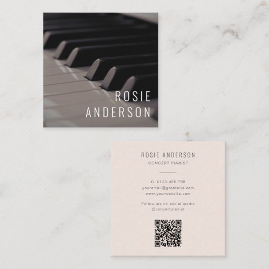 Carte De Visite Carré Musicien QR Code Clés de piano moderne Blush rose (Devant / Derrière)