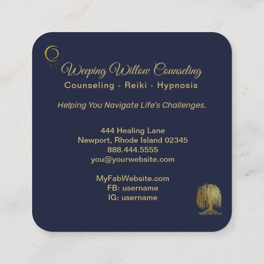 Carte De Visite Carré *~* Navy Weeping Willow Tree Gold Universe Cosmic (Dos)