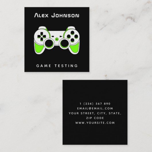 Carte De Visite Carré Neon Green Game Testing Tester Développeur Joypad (Devant / Derrière)