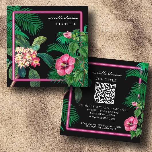 Carte De Visite Carré Neon Pink Tropical Botanics QR Code Social Media