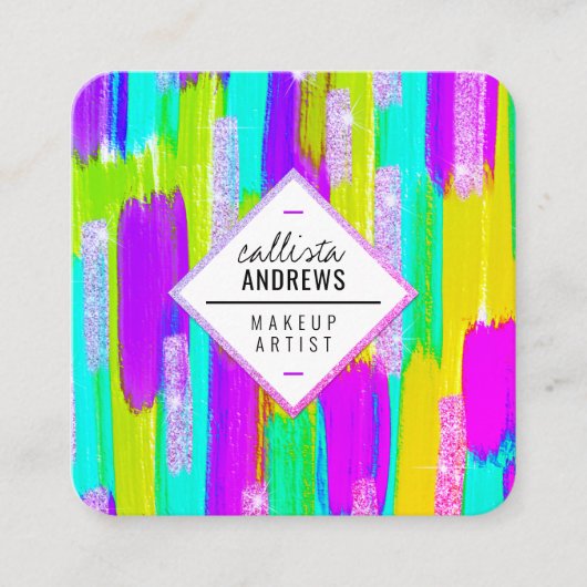 Carte De Visite Carré Neon violet vert jaune Aqua Parties scintillant Pe (Devant)