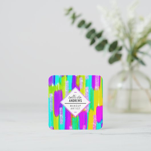 Carte De Visite Carré Neon violet vert jaune Aqua Parties scintillant Pe (Debout devant)