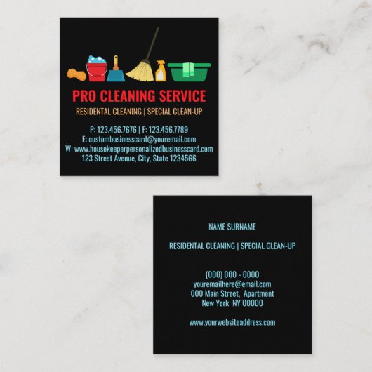 Carte De Visite Carré Nettoyage de ménage simple ménage noir (Devant / Derrière)
