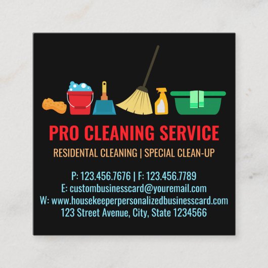 Carte De Visite Carré Nettoyage de ménage simple ménage noir (Devant)
