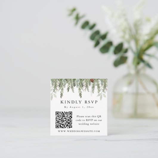 Carte De Visite Carré Noël à feuillage persistant hiver QR Code RSVP (Debout devant)
