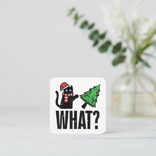 Carte De Visite Carré Noël Chat Tipping Xmas Tree Drôle (Debout devant)