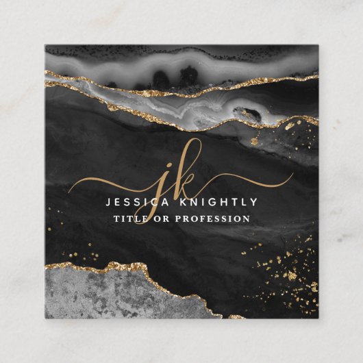 Carte De Visite Carré Noir Agate Gold Parties scintillant Script Monogra (Devant)