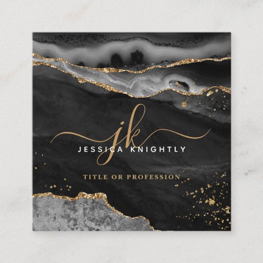 Carte De Visite Carré Noir Agate Gold Parties scintillant Script Monogra (Devant)