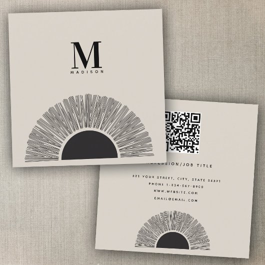 Carte De Visite Carré Noir & Beige Sunset Art Abstrait QR Code
