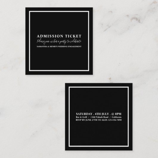 Carte De Visite Carré Noir et blanc élégant, billet d'entrée (Devant / Derrière)