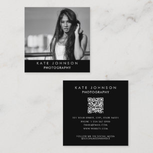 Carte De Visite Carré Noir et blanc photo complète QR Code Médias sociau