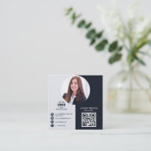 Carte De Visite Carré Noir et blanc professionnel ajouter Photo QR Code (Debout devant)