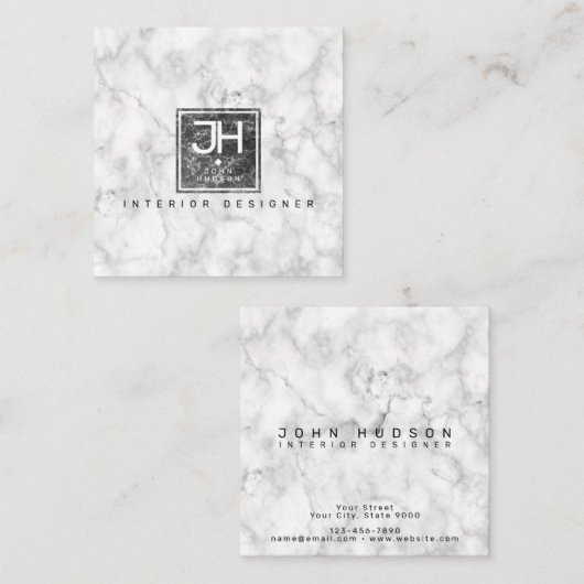 Carte De Visite Carré Noir et Marbre blanc Design Moderne Monogramme Bus (Devant / Derrière)