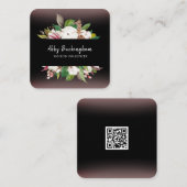 Carte De Visite Carré Noir floral moderne avec code QR (Devant / Derrière)