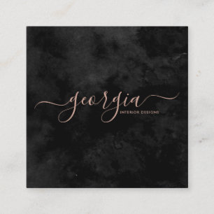 Carte De Visite Carré Noir moderne minimaliste & Rose Signature or