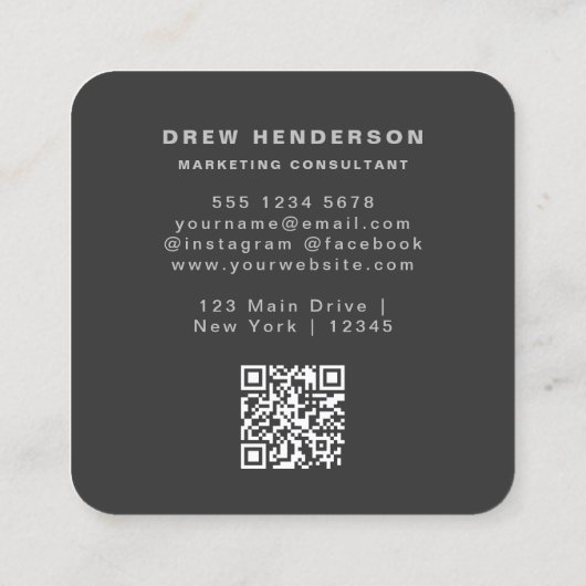 Carte De Visite Carré Noir Monogramme Initiales Professional Qr Code (Dos)