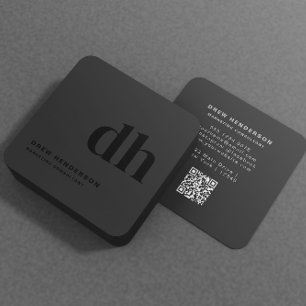 Carte De Visite Carré Noir Monogramme Initiales Professional Qr Code