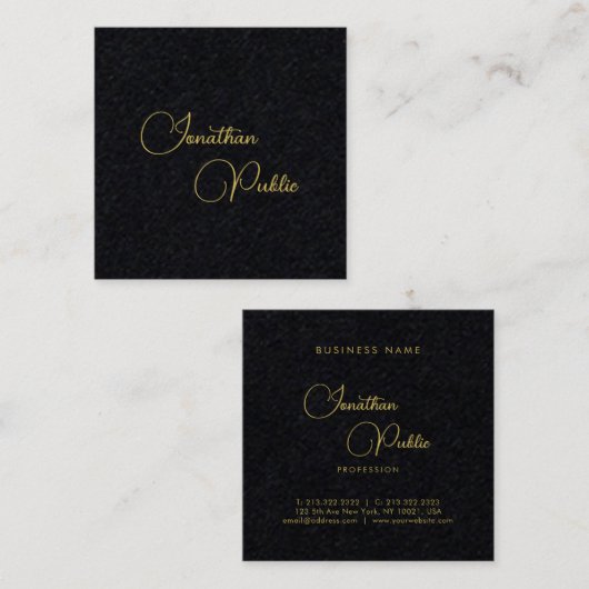 Carte De Visite Carré Nom de script manuscrit Modèle Premium Noir (Devant / Derrière)