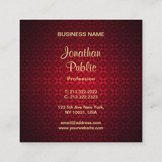Carte De Visite Carré Nom du script calqué Rouge Damask Modèle Chic (Dos)