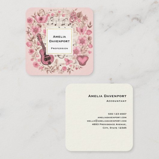 Carte De Visite Carré Notes de musique et Fleurs style rétro (Devant / Derrière)