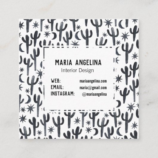 Carte De Visite Carré Nuit Désert Cactus Lune Stars Aquarelle Design (Dos)