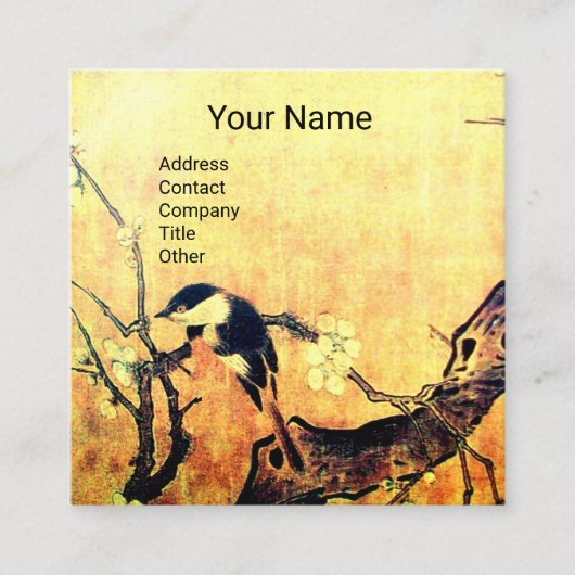 Carte De Visite Carré OISEAU DE PRINTEMPS ET FLEURS MONOGRAMME JAUNE Bro (Devant)