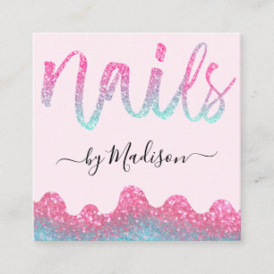 Carte De Visite Carré Ongles scintillants rose chaud Drips Manucure Salo