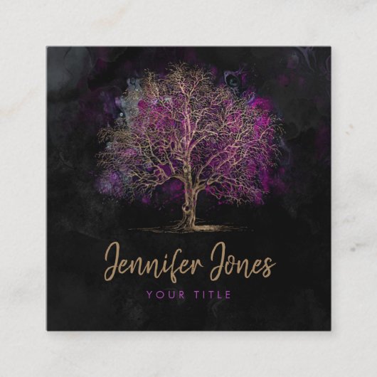 Carte De Visite Carré Or et arbre pourpre d'aquarelle (Devant)