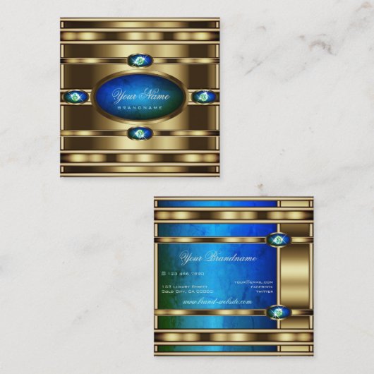 Carte De Visite Carré Or flashy avec Motif en marbre bleu Turquoise (Devant / Derrière)