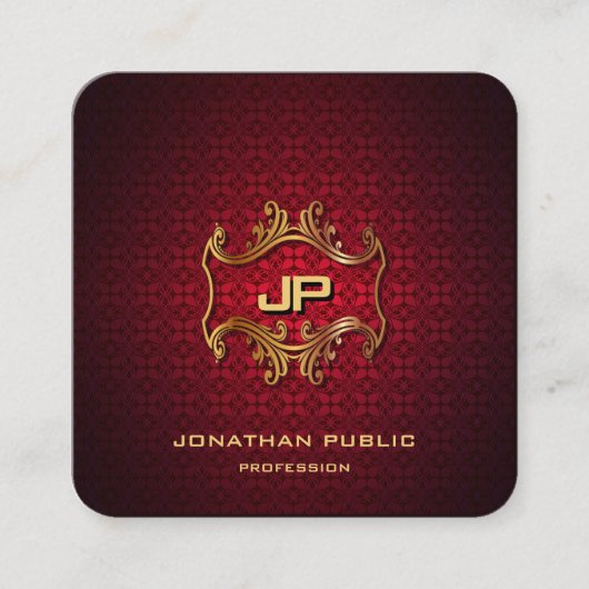 Carte De Visite Carré Or Monogramme Elegant Red Damask Professional (Devant)