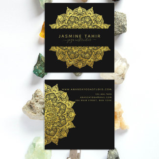 Carte De Visite Carré Ornate Filigree Gold Noir Mandala Yoga Instructeur
