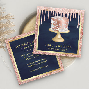 Carte De Visite Carré Pailleté Rose Gold Gouttes Roses Cake Orné Boulang