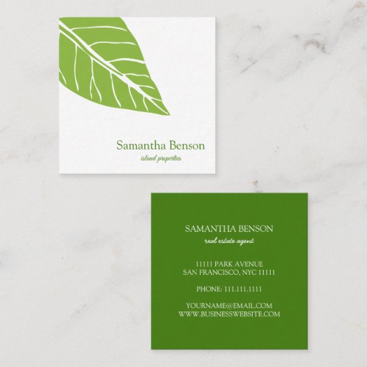 Carte De Visite Carré Palm Feuille Tropical Island Carré vert et blanc (Devant / Derrière)