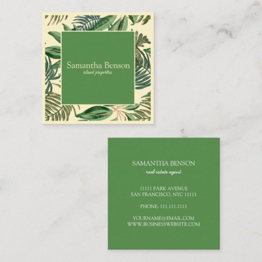Carte De Visite Carré Palm Feuille Tropical Island Carré vert et blanc (Devant / Derrière)