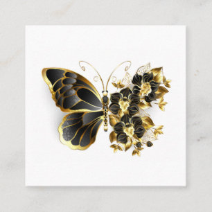 Carte De Visite Carré Papillon à fleurs d'or avec orchidée noire