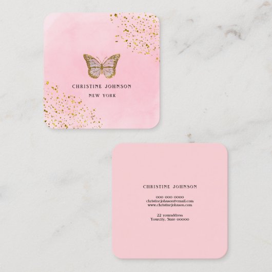 Carte De Visite Carré papillon fausse parties scintillant sur aquarelle (Devant / Derrière)