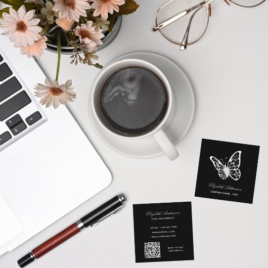 Carte De Visite Carré Papillon noir blanc de code QR