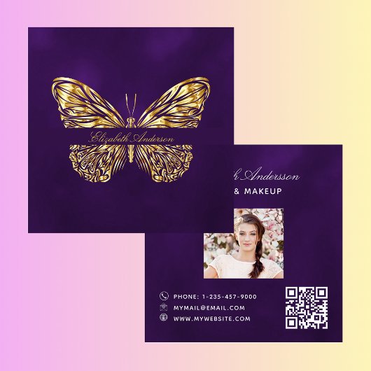 Carte De Visite Carré Papillon or violet QR code script photo