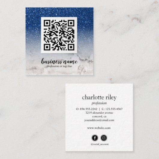 Carte De Visite Carré Parties scintillant bleue Ombre Cursive QR CODE ic (Devant / Derrière)