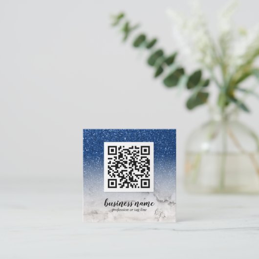Carte De Visite Carré Parties scintillant bleue Ombre Cursive QR CODE ic (Debout devant)