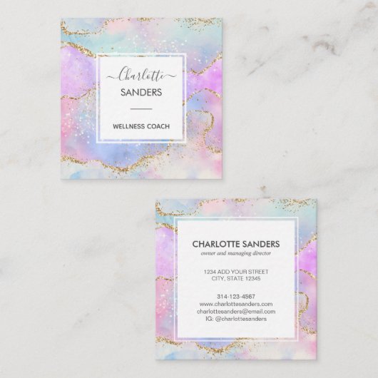 Carte De Visite Carré Parties scintillant holographique moderne en or ar (Devant / Derrière)