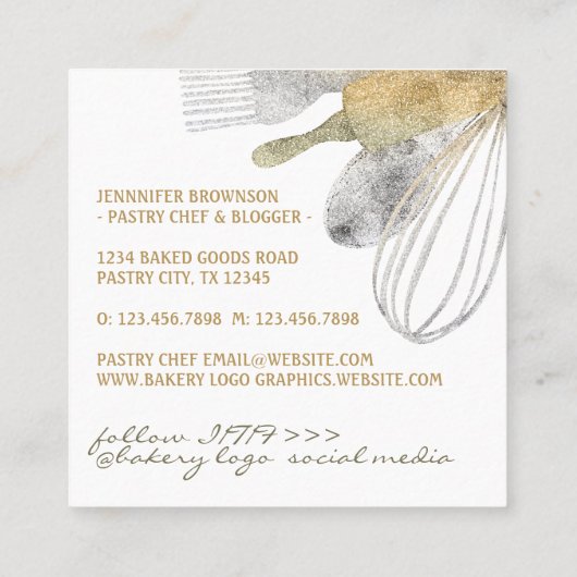 Carte De Visite Carré Parties scintillant or argent pâtisserie boulanger (Dos)