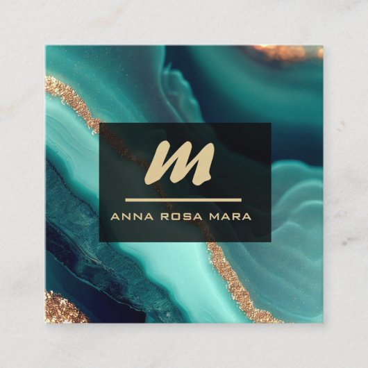 Carte De Visite Carré *~* Parties scintillant QR Luxe Initial AP66 Turqu (Devant)