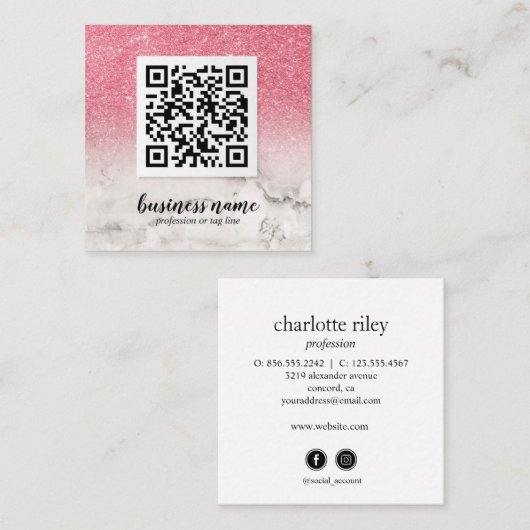 Carte De Visite Carré Parties scintillant rose Ombre cursive QR CODE icô (Devant / Derrière)