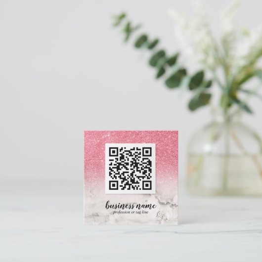 Carte De Visite Carré Parties scintillant rose Ombre cursive QR CODE icô (Debout devant)
