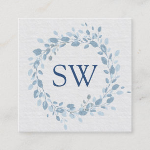 Carte De Visite Carré Pastel Blue Feuille Floral Monogram Wedding planne